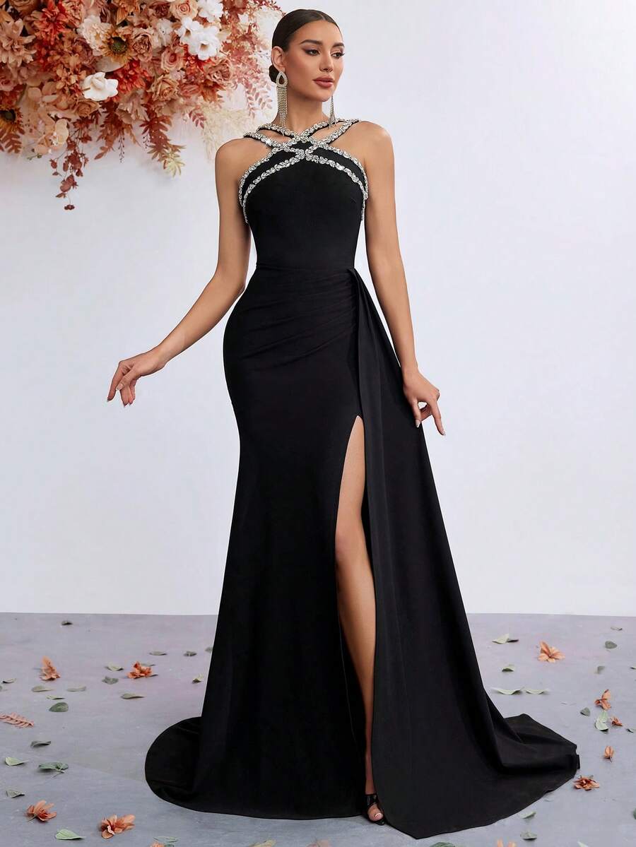 Criss-Cross Rhinestone High Waist Long Flowing Slit Back Lace-Up Ball Gown Evening Dress - Black - View 1