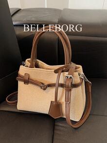 BELLEBORG 高品质休闲拼色复古帆布皮革扣托特包手提包，适合通勤女性 - 咖啡 - 查看 6