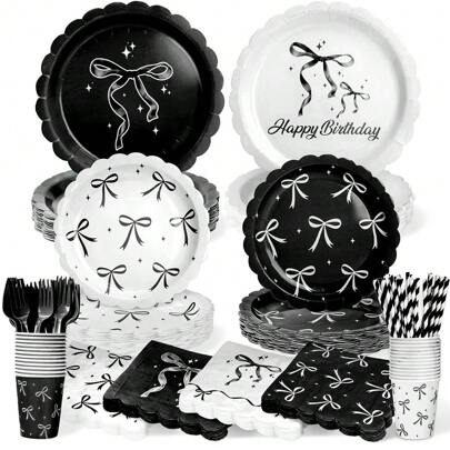 10/20/50/100pcs, Black Bow Plates And Napkins Cups Tableware Sets For Birthday Decorations, Black Birthday Party Supplies Include Straws, Bow Birthday Decorations