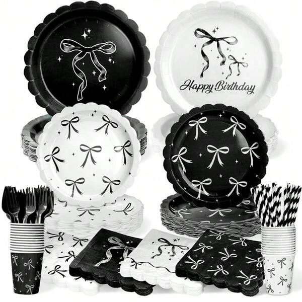 10/20/50/100 Stücke, schwarze Schleifenplatten und Servietten Becher Tischsets für Geburtstagsdekorationen, schwarze Geburtstagsparty-Ausstattung inklusive Strohhalme, Schleifengeburtstags-Dekorationen