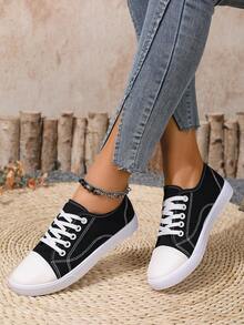 大码女式黑色时尚运动鞋，休闲系带平底鞋，学校/学生/日常穿着（请订购大一码，因为鞋子偏小） - 黑色 - 查看 7