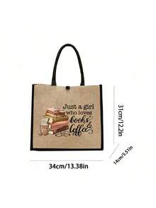 Yellow And Black Edged Linen Two Pieces Set With "Just A Girl Who Loves" Lettering Color Printing Pattern, Coffee And Book Pattern Design, Women's Fashionable Canvas Handbag With Button Thick Linen Bag, Multi-Functional Shopping Bag, Thank You Gift, Innovative Design, Large Capacity, Personalized Gift For Wedding Anniversary And Friend's Birthday, Suitable For Vacation, Daily Life, Going Out, Supermarket Shopping - Multicolor - View 10