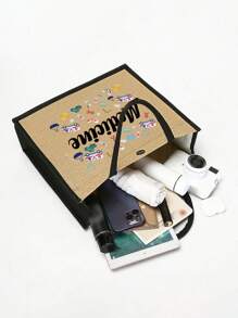 Conjunto de duas peças de linho com bordas amarelas e pretas, com as letras "Med" e estampas coloridas de suprimentos médicos, apresentando um design de nicho de bolsa de lona feminina da moda, bolsa de linho grosso com botões da moda, sacola de compras multifuncional, presente de agradecimento, design inovador, grande capacidade, presente personalizado para aniversários de casamento e de amigos, adequado para férias, vida cotidiana, passeios e compras de supermercado.