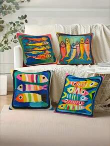 4pcs Ocean Theme Pillowcase, Retro Style Colorful Fish Pattern, Machine Washable, 100% Polyester Fiber, Zipper Closure, Short Plush Material, Suitable For Car, Farmhouse, Bedroom, Living Room Sofa(No Insert),Fall Decor,Autumn Decor,Room Decor - Multicolor - View 2