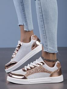 Spring/Summer New Round Toe Lace-Up Rose Gold Shiny Sneakers For Women, Academic Style Breathable Athletic Sports Shoes, Comfortable Fashion Student - Rose Gold - View 4