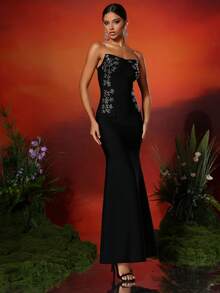 Love Aing Robe de soirée élégante pour femmes Love Aing avec ornements de strass, robe de fête/invitée de mariage charmante avec décolleté en cœur et ourlet en queue de poisson