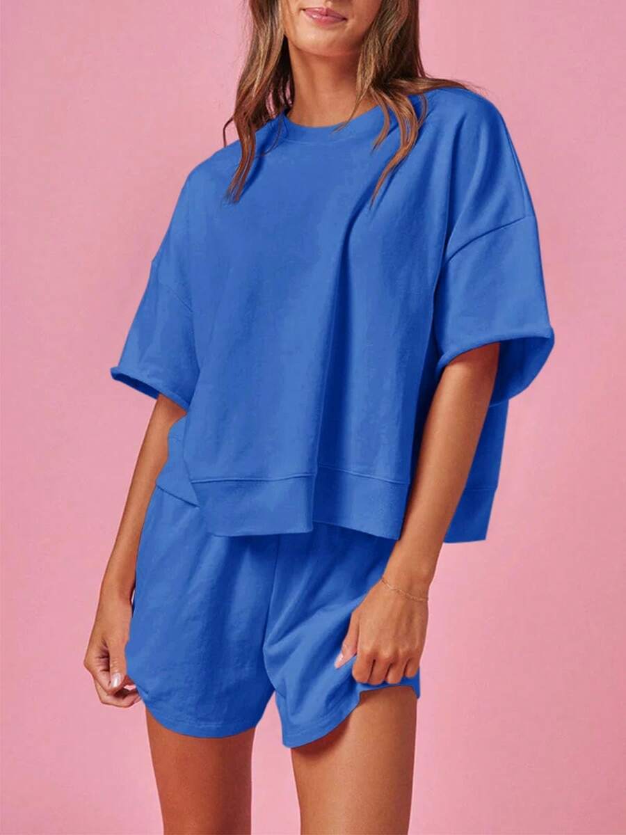 Womens 2 Piece Outfits Oversized Cropped Sweatshirt And High Waist Running Shorts Casual Tracksuit Sets - 藍色 - 查看 1