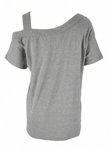 Women's Fashion Sexy Casual Loose Off-Shoulder Short Sleeve Printed T-Shirt - Grey - View 3