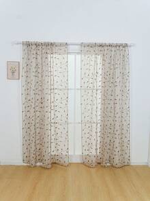 2pcs Leaf & Vine Embroidered Sheer Curtain Panels, In White/Gray/Green/Khaki, Hang On Rod, Multi-Size & Room Suitable For Decoration - Khaki - View 19