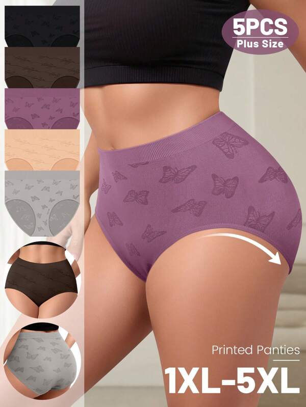 5pcs Plus Size Mid Waist Printed Panties For Women, Sexy Triangle Briefs, Soft & Breathable