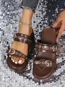 1 Pair Punk Style Rivet Embellished Platform Sandals, High-End Stylish Summer Footwear - Brown - View 6