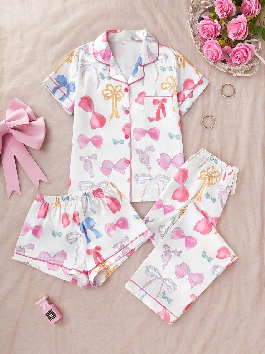 Set de 3 piezas de pijama con shorts y pantalones de mujer con bolsillo y estampado de lazo, apto para primavera, verano y otoño - Multicolor - Ver 1