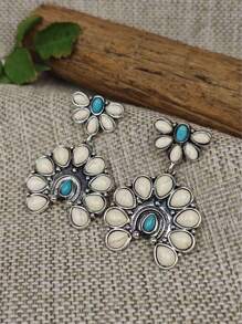 1 paio di orecchini alla moda vintage stile boho con contrasto di colore tra turchese scuro e bianco, per donne