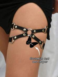 1pc Custom Personalized Text Heart Star Butterfly Round Ring Leg Garter, Dark Grunge Style Street Fashion, Birthday Gift - Black - View 9