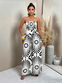 AIJ Women's Vintage Floral Print Pleated Wide Leg Jumpsuit (Random Print), Summer - Black - View 5