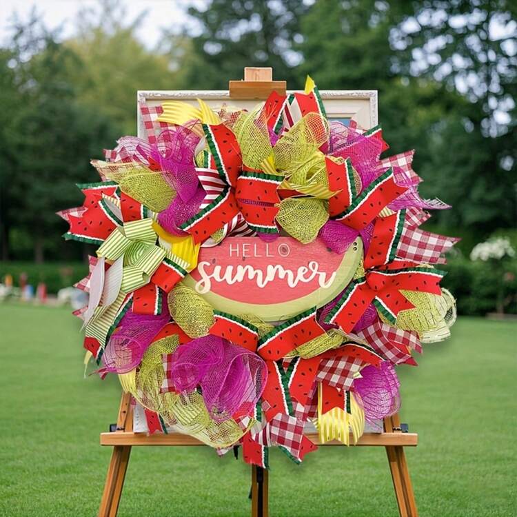 24 Inch Watermelon Summer Wreath For Front Door - Farmhouse Deco Mesh With Faux Fruit Slices - UV-Resistant Design, Red - Green Rustic Welcome Decor For Porch, Mother'S Day, And Independence Day - 1個 - 查看 2