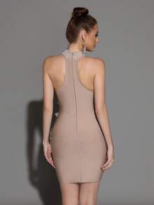 Modphy High-Quality Fashion Sleeveless Beaded Sequin Bodycon Mini Skirt, Elegant Women's Formal Party Dress, Suitable For Wedding Guests, Holidays, And Special Occasions - Apricot - View 3