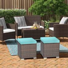Wicker Outdoor Storage Ottoman, 2-Piece Rattan Footstool W/Removable Cushion, Multipurpose Footrest Stool Side Table Additional Seating, Set Of 2 Outdoor Ottomans For Patio Deck - Turquoise - View 4