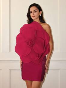 Women 3D Floral Embellished Sequin Strapless Party Dress, Spring Outfits For Party, Cocktail Dinner Date, Valentine's Day, Prom Dress - Red - View 5