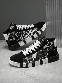 Men's Classic Black & White Random Graffiti Print Front Lace-Up High Top Rubber Sole Skate Shoes, Versatile Casual Outdoor Sports Sneakers, Plus Size Couple Shoes - Black and White - View 2
