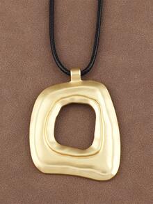 1 pezzo Collana con pendente quadrato asimmetrico e motivo geometrico traforato, catena lunga in corda di cera stile minimalista, adatta per uso quotidiano da donna