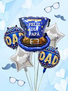 5pcs/Set Father's Day Decoration Balloons, Includes Father's Day Blue Gentleman Hat Balloon, "Feliz DIA Papa" Print, Blue Round "Happy Father's Day" Balloon, Silver Star, And "Happy Father's Day" Balloon, Suitable For Father's Day Party, Dad's Birthday Decorations, Best Father's Day Balloons, Indoor And Outdoor Decor - Multicolor - View 2