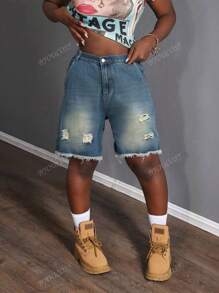 Pantaloncini in jeans larghi stracciati con vita elastica casual estivi da cowgirl, adatti per festival musicali