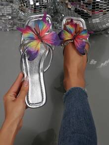 Flat Floral Strap Slide Sandals For Women, New Summer Fashion Dress Slippers, Elegant & Fresh, Suitable For Dates, Parties, Commute, Shopping, Gatherings, Beach - Silver - View 2