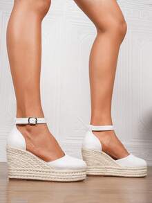 纯色女式简约踝带帆布鞋，度假白色编织面料绳底女式黑色坡跟厚底凉鞋，波西米亚面料扣沙滩户外婚礼编织鞋，适合所有季节 - 白色 - 查看 8