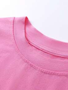 2025 Rave Party Outfit: 2pcs Neon Pink Women's Set | Cropped Sports T-Shirt And Shorts, Casual Sporty Style, Music Festival Essential, Streetwear, European Autumn Fashion, Back To School, Nightclub Attire, Going Out Look - Pink - View 6