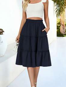 秋季女士中长裙 A 字形休闲长裙 荷叶边多层中长裙 黑色带口袋半身裙 - 藏蓝色 - 查看 6