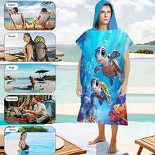 1pc Turtle Printed Wearable Bathrobe - Super Soft Microfiber Hooded Cartoon Ocean & Turtle Pattern, Suitable For Boys, Girls, Couples As Gift - Beach And Home Decor, Couple Cloak | Microfiber Robe - Multicolor - View 8