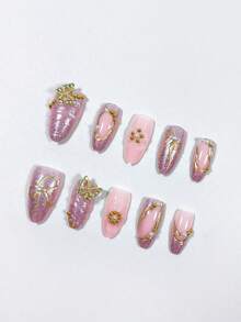 可爱 Y2K 芭蕾甜美风格 10 件短杏仁形纯手工 3D 树脂水钻蝴蝶结和星星设计按压式指甲贴，适合日常、约会、下午茶、外出按压式指甲美甲用品 - 彩色 - 查看 2