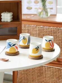4pcs Elegant Lemon Creative Ceramic Espresso Cups Set With Wooden Tray, Couple/Family Weekend Coffee Mugs, Daily Italian Demitasse Cups, Afternoon Tea Novelty Dopamine Mugs, Small Water Cups - Multicolor - View 2