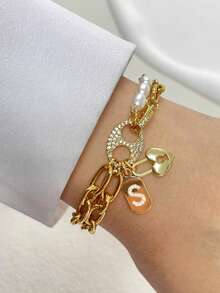 1件 STYLEVER 金色水晶双孔吊坠字母手链，A-Z 字母链，不锈钢链，适合庆典和日常佩戴 - 金黃色 - 查看 3