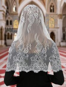 Velo de novia de boda bordado negro/blanco, velo mantilla de encaje floral católico, velo de iglesia negro, chal de encaje hueco blanco marfil tocado de mujer para ropa de otoño - Velo - Ver 4