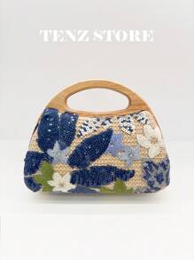 1pc Random Pattern Design Wicker Bag, Sculptedstyle Colorful PVC Sequin Floral Pattern Mesh Embroidery Wooden Handle Women's Clutch Bag, Fashion Sparkly Vacay Vibes Summer Bag For Leisure, Holiday Party/ Vacation, Fits All Vanilla Style, Suitable For Beach Mode On, Vacay Romance, Summer Vibes
