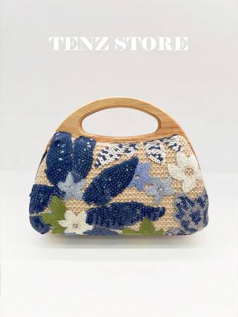 1pc Random Pattern Design Wicker Bag, Sculptedstyle Colorful PVC Sequin Floral Pattern Mesh Embroidery Wooden Handle Women's Clutch Bag, Fashion Sparkly Vacay Vibes Summer Bag For Leisure, Holiday Party/ Vacation, Fits All Vanilla Style, Suitable For Beach Mode On, Vacay Romance, Summer Vibes