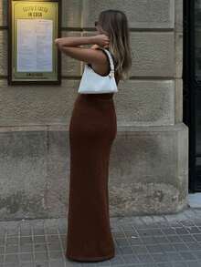 2pcs Women Spring/Summer Minimalist & Elegant Commuter/Casual Sweater Set - Brown - View 4