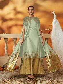 Váy dạ hội dài trang trọng lấy cảm hứng từ Kaftan xanh lá cây vàng với hạt cườm nặng và viền kim loại, váy dạ hội thanh lịch, kín đáo - Quả xanh - Xem 6