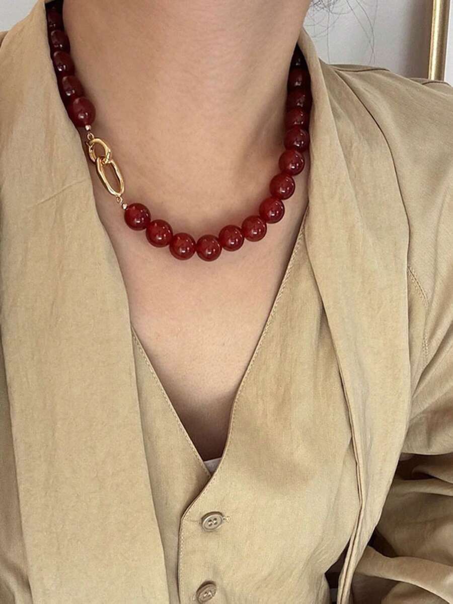 1 件女士仿红玛瑙串珠项链，高端时尚项链，配有 14K 金旋转扣，适合派对和日常佩戴 - 紅色 - 查看 1