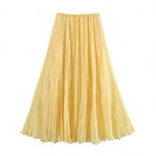 Women's Elegant High-Waisted Pleated Maxi Skirt, Solid Color, Suitable For Autumn Daily Wear And Back To School Season - Yellow - View 4