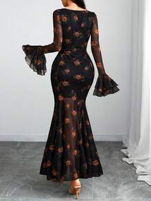 女式哥特式性感优雅玫瑰华丽花朵双袖修身美人鱼下摆双衬里连衣裙 - 彩色 - 查看 3