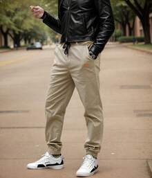 Mens Casual Joggers Pants Cotton Elastic Waist Drawstring Chino Cargo Pants Hiking Outdoor Track Sweatpants - 卡其色 - 查看 3