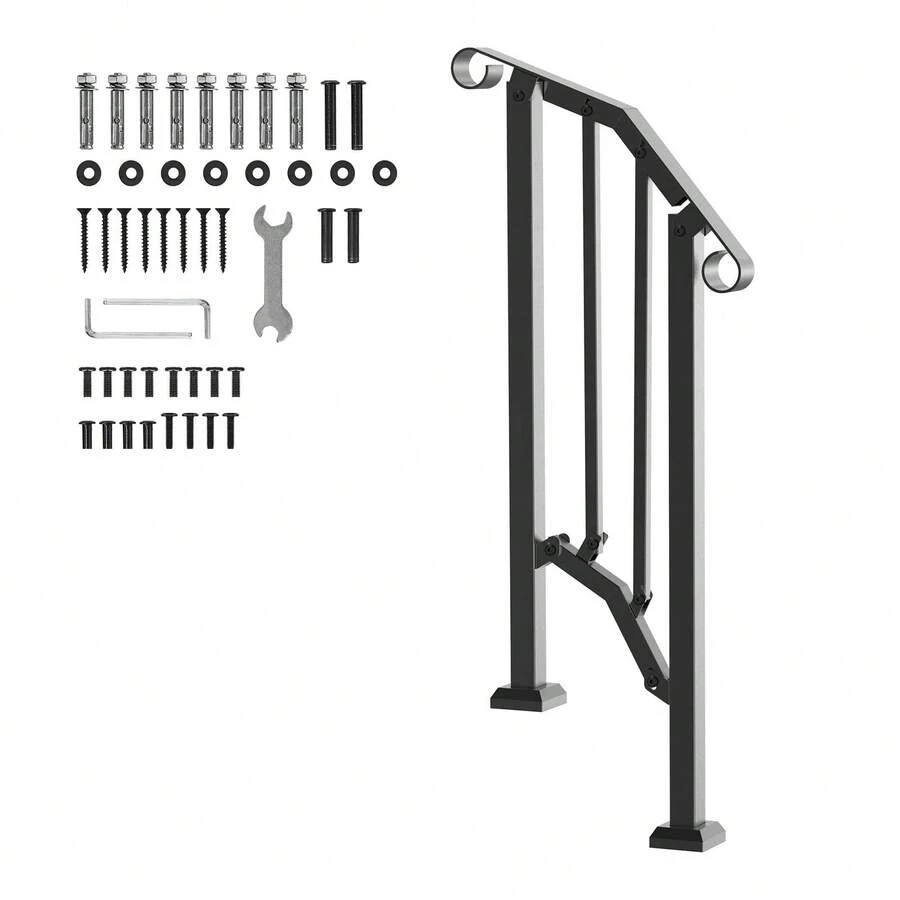 Outdoor Handrails For 1-2 Steps, Stair Hand Rail Kit With Installation Tools, Durable Carbon Steel Railings For Seniors, Ideal For Concrete Steps, Porch & Deck, Black Retro Arch Design - Outdoor Handrails Black - View 1