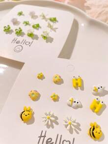 1 套桃花花卉粉色泰迪熊耳环 - 彩色 - 查看 6