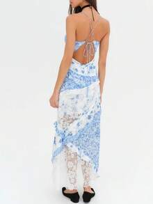 Summer Boho Maxi Dresses For Women Casual Y2k Floral Print Sleeveless Lace Patchwork Backless Ruffles Long Dress Spaghtti Strap Sling Dress Beach Vacation Sundress Streetwear Flowy Swing Dress - 藍色 - 查看 2