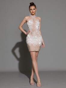 Modphy High-Quality Fashion Sleeveless Beaded Sequin Bodycon Mini Skirt, Elegant Women's Formal Party Dress, Suitable For Wedding Guests, Holidays, And Special Occasions - Apricot - View 6