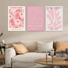 Juego enmarcado de 3 impresiones de arte abstracto de flores en lienzo con estilo de Matisse y Picasso en rosa como decoración de pared para dormitorio de niña, apartamento o sala de estar, creando una atmósfera exclusiva