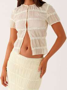 Women's Summer Outfits Solid Pleated Front Opening Crew Neck Short Sleeve Tops With Long Skirt 2 Pcs Set